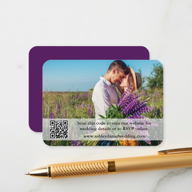 Tarjeta De Recepción Sitio web de bodas QR Overlay Photo Purple (Anverso/Reverso In Situ)