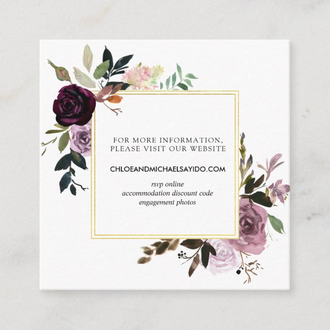 Tarjeta De Recepción Sitio web de Mauve Pink Rose Floral y Boda Púrpura (Anverso)