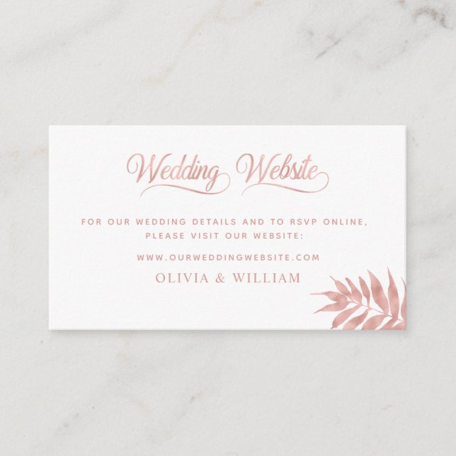 Tarjeta De Recepción Sitio web de Rosa Gold Tropical Leaf Elegant Weddi (Anverso)