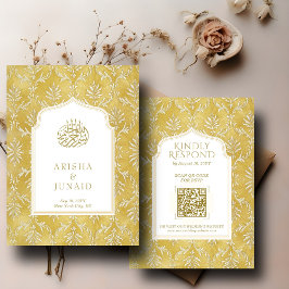 Tarjeta De Recepción Sitio web de Royal Gold Damask Muslim QR Code RSVP