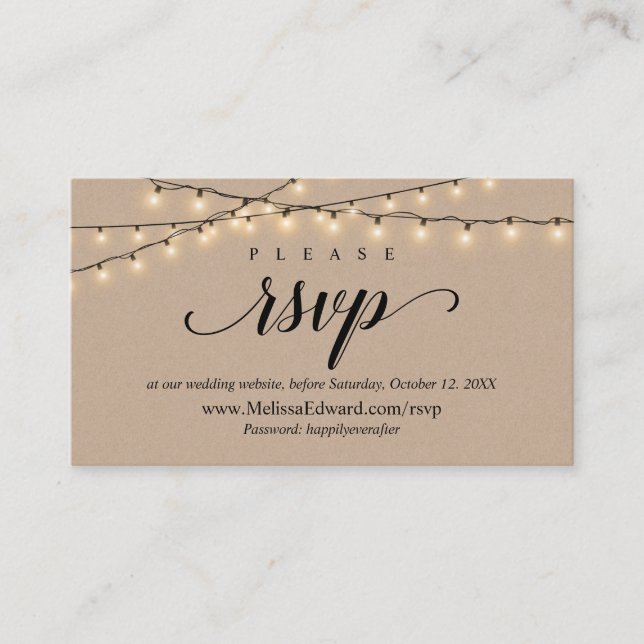 Tarjeta De Recepción Sitio web de RSVP en línea, String Lights Kraft (Anverso)