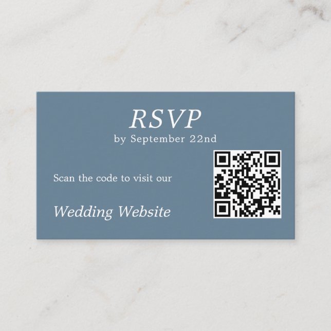 Tarjeta De Recepción Sitio web del Boda de código QR de RSVP Azul Dusty (Anverso)