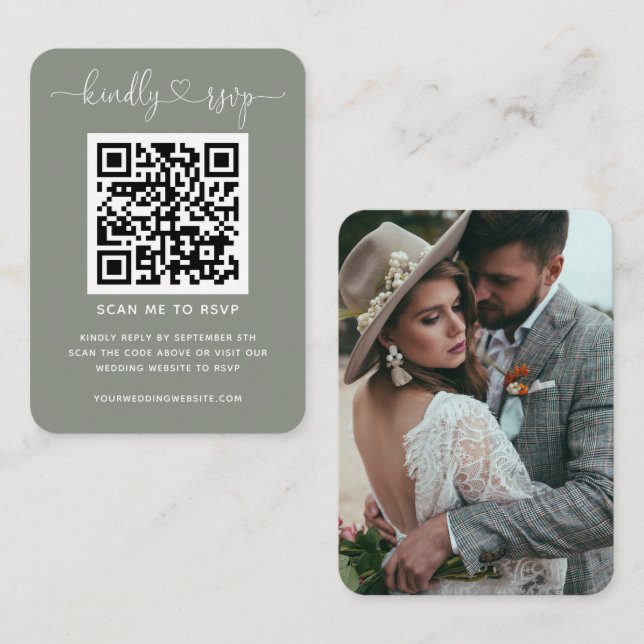 Tarjeta De Recepción Sitio web del Boda de código QR RSVP Sage Green Ph (Anverso / Reverso)