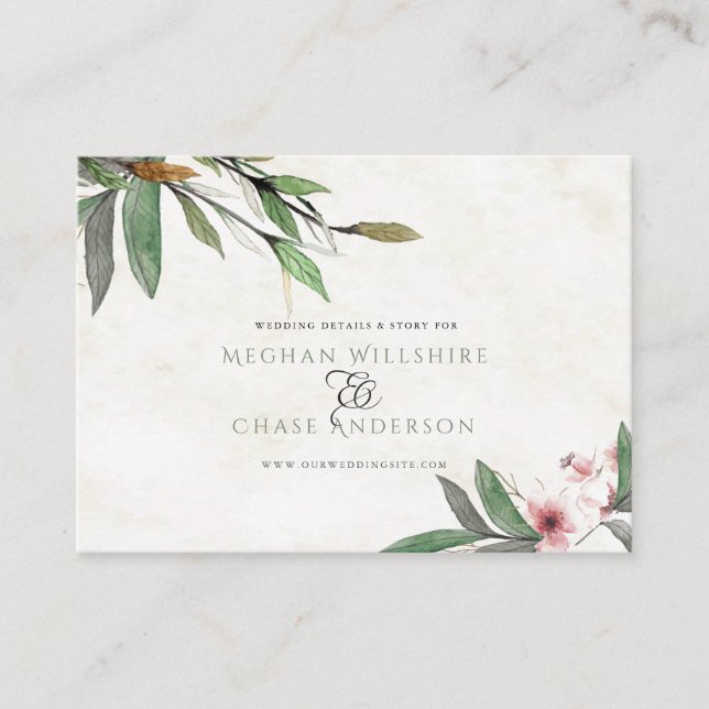 Tarjeta De Recepción Sitio web del Boda de flores botánicas de acuarela (Anverso)