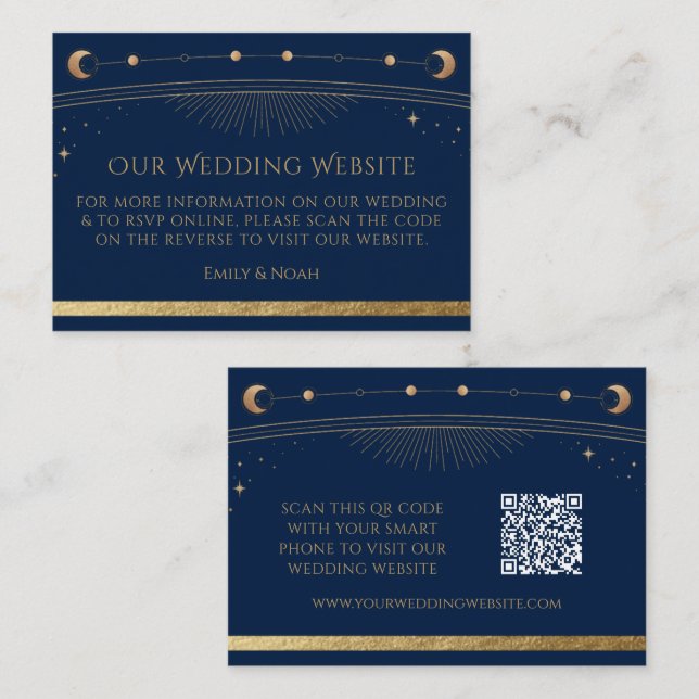 Tarjeta De Recepción Sitio web del Boda de oro azul místico RSVP Código (Anverso / Reverso)