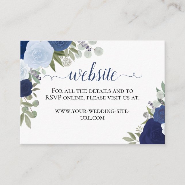 Tarjeta De Recepción Sitio web del Boda de Rosas de acuarela azul ruso (Anverso)