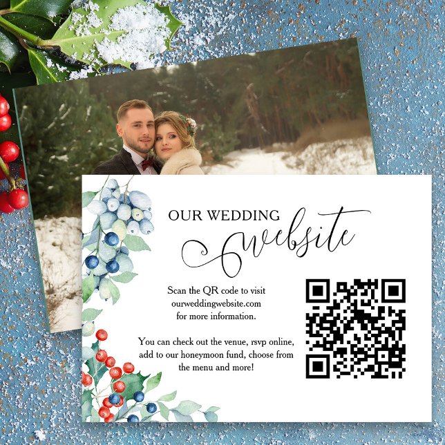 Tarjeta De Recepción Sitio web del Boda de Winter Wedding Holly Berries (Wedding website insert card with qr code and full size photo from my Winter Berries wedding suite)