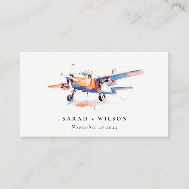 Tarjeta De Recepción Sitio web del Boda del avión Rubor de Naranja azul (Anverso)