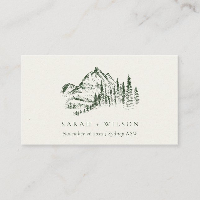 Tarjeta De Recepción Sitio web del Boda Green Pine Woods Mountain Sketc (Anverso)