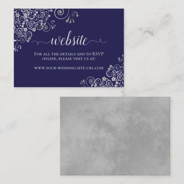 Tarjeta De Recepción Sitio web del Boda Navy Blue Elegant Silver Lace (Anverso / Reverso)