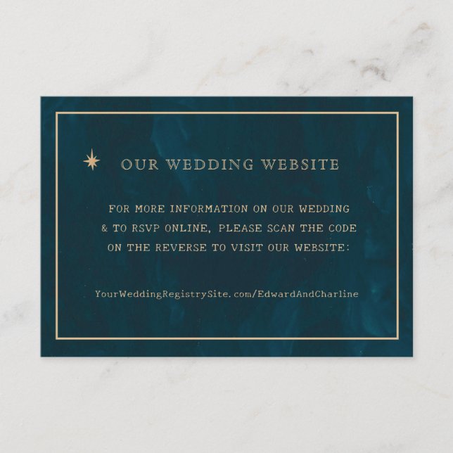 Tarjeta De Recepción Sitio web del Boda Navy Gold Stars | RSVP QR Cod (Anverso)