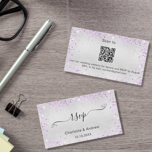 Tarjeta De Recepción Sitio web del boda purpurina púrpura plateado RSVP (Subido por el creador)