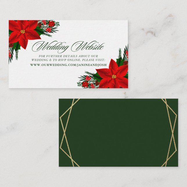 Tarjeta De Recepción Sitio web del Boda Red Poinsettia Pine Greenery (Anverso / Reverso)