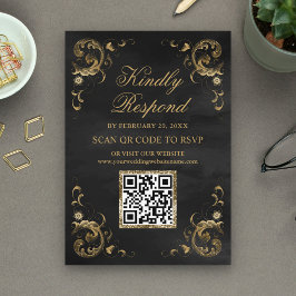Tarjeta De Recepción Sitio web del Boda RSVP del código QR de oro negro