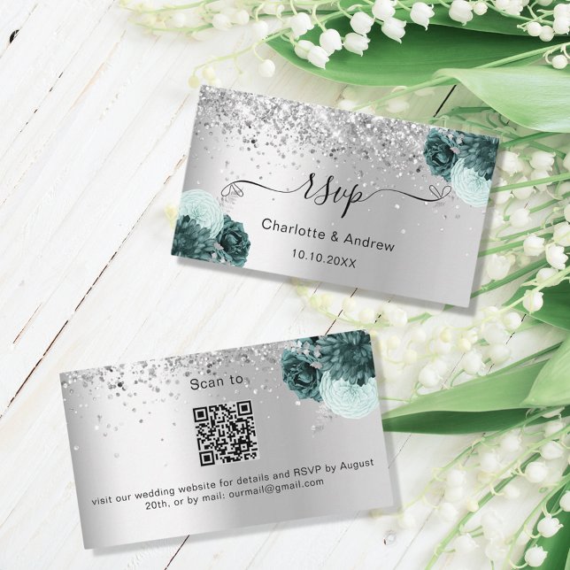 Tarjeta De Recepción Sitio web del boda verde plateado RSVP Código QR (Subido por el creador)
