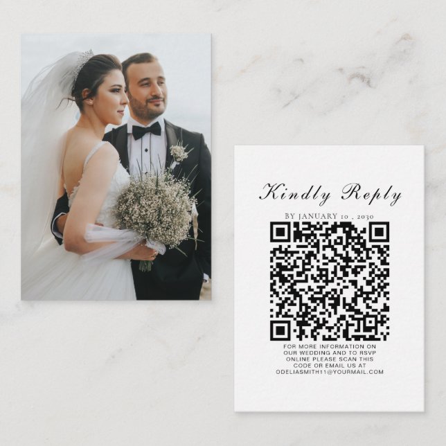 Tarjeta De Recepción Sitio Web Elegant Wedding | Foto de código QR de R (Anverso / Reverso)