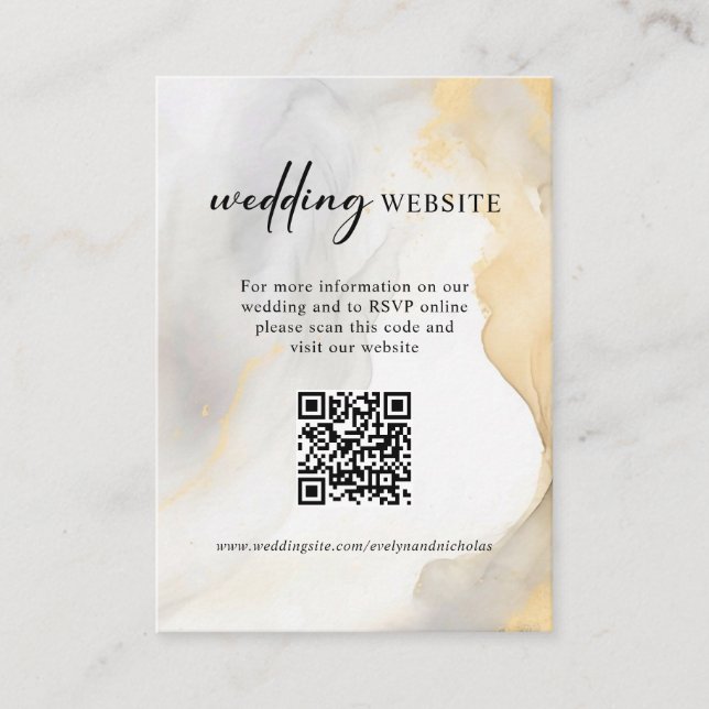 Tarjeta De Recepción Sitio web QR código RSVP Gold Gray Floral Boda (Anverso)