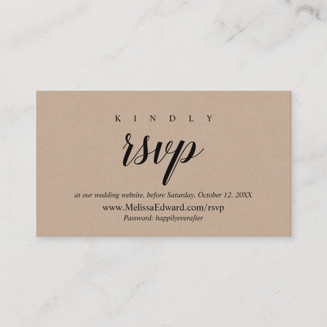 Tarjeta De Recepción Sitio web RSVP en línea, Rustic Brown Kraft (Anverso)