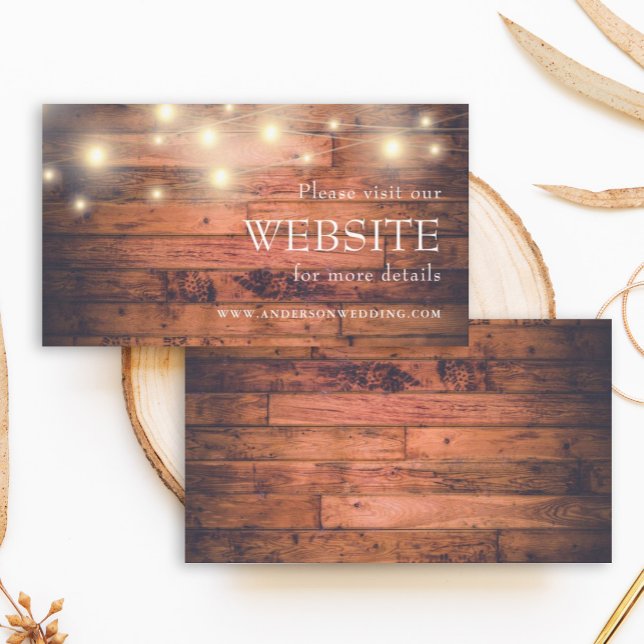 Tarjeta De Recepción Sitio web Rustic Wood String Lights (Rustic wood card is a great way to enclose a card directing your guests to your wedding website.)