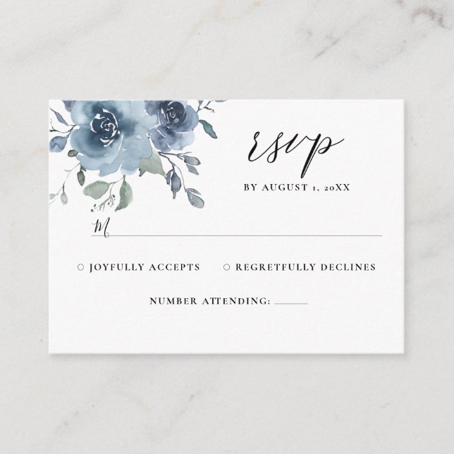 Tarjeta De Recepción Slate Blue Floral Dusty Pastel Wedding RSVP (Anverso)
