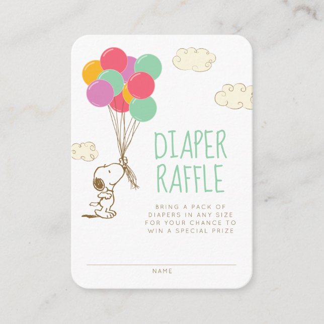 Tarjeta De Recepción Snoopy y los globos | BABY SHOWER | Diaper Raffle (Anverso)