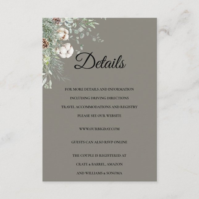 Tarjeta De Recepción Snowy Greenery floral Enclosure Card Details (Anverso)