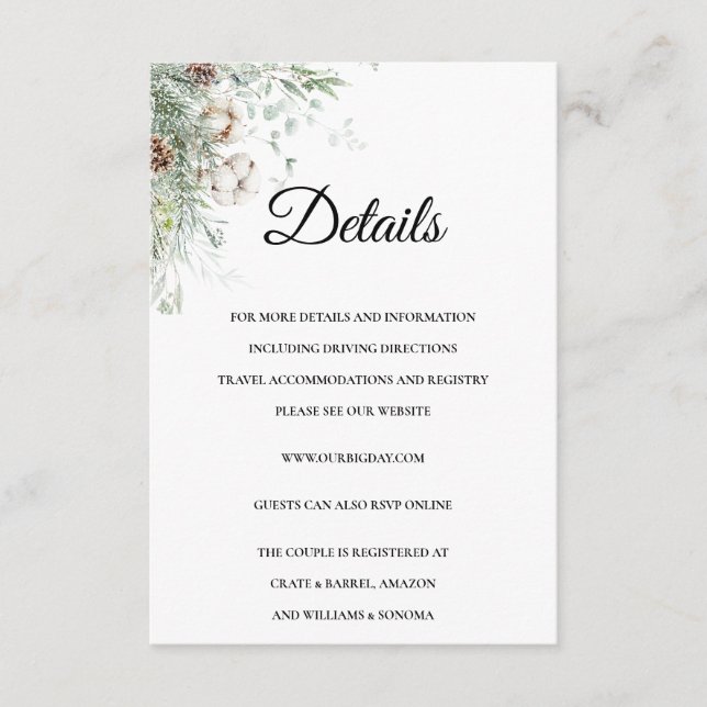Tarjeta De Recepción Snowy Greenery floral Enclosure Card Details (Anverso)