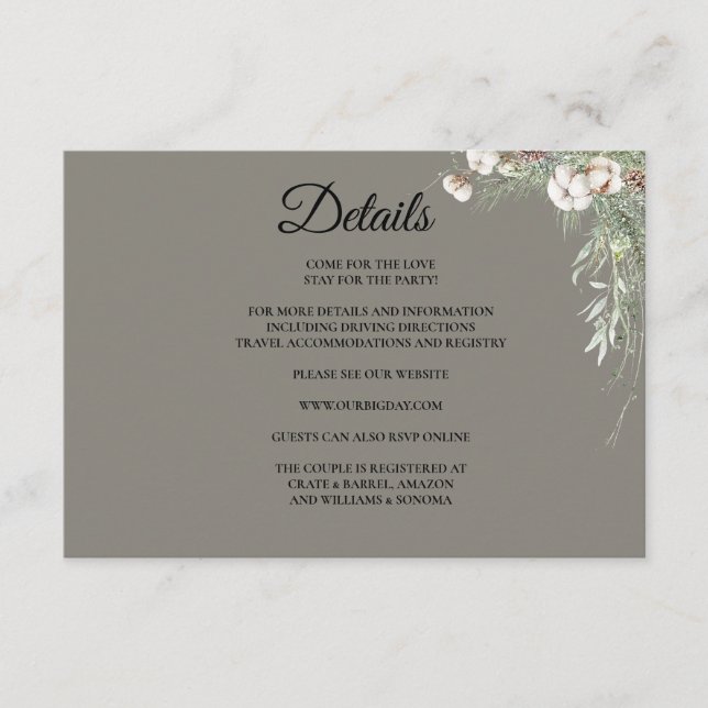 Tarjeta De Recepción Snowy Greenery Florals Enclosure Card Details (Anverso)