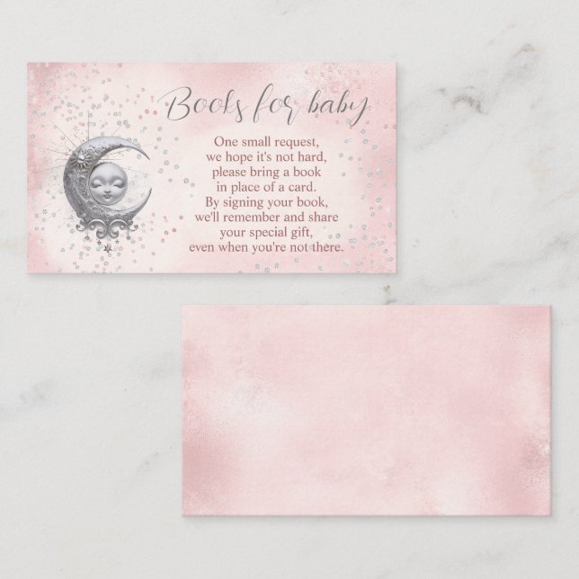 Tarjeta De Recepción Sobre la luna - Libros de Baby Shower rosados para (Anverso / Reverso)