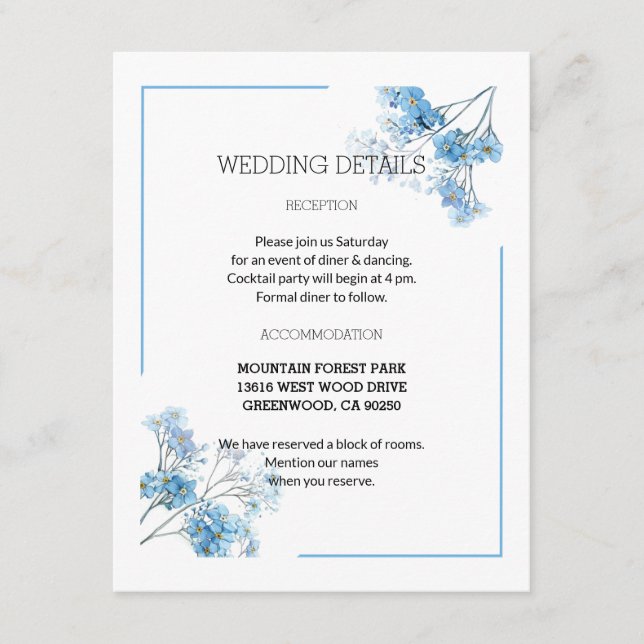 Tarjeta De Recepción Soft Blue Botanical Watercolor Flowers Wedding  (Anverso)