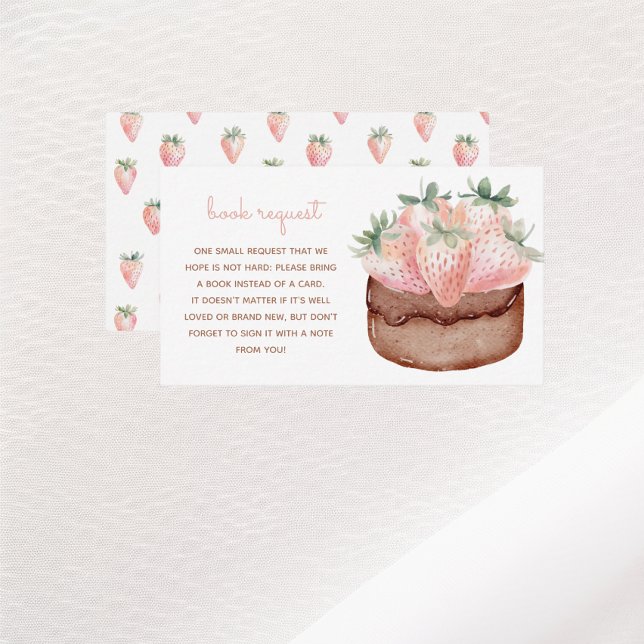 Tarjeta De Recepción Solicitud de Baby Shower de Berry Sweet Cake (book request enclosure card for a berry sweet baby shower with coquette pink strawberries and cake)