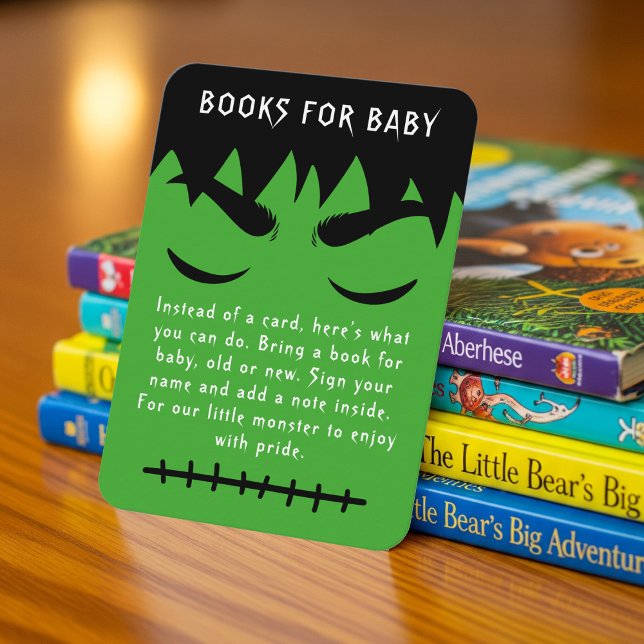 Tarjeta De Recepción Solicitud de Baby Shower de Frankenstein Halloween (Frankenstein Halloween Baby Shower Book Request Enclosure Card
)