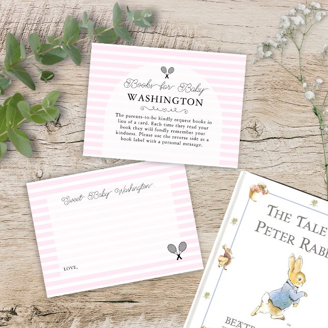 Tarjeta De Recepción Solicitud de Baby Shower de Tenis Rosado Preppy (elegant pink baby shower book request enclosure card for preppy country club chic books for baby)