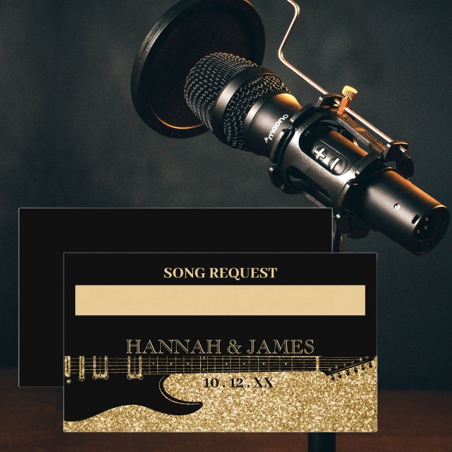 Tarjeta De Recepción Solicitud de canción de Boda de guitarra Purpurina (Black & Gold Glitter Guitar Wedding Song Request Enclosure Card)