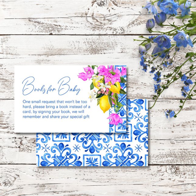 Tarjeta De Recepción Solicitud de libro Blue Tiles Lemons Bougainvillea (Blue Tiles Lemons Bougainvillea Italian Mediterranean baby shower book request Enclosure Card)