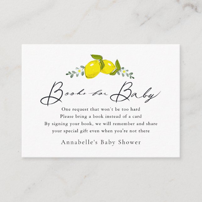 Tarjeta De Recepción Solicitud de libro de Baby Shower blanco de Lemon  (Anverso)