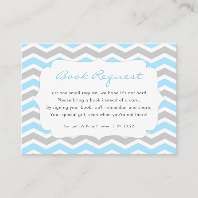 Tarjeta De Recepción Solicitud de libro de Baby Shower Blue Gray Boy (Anverso)