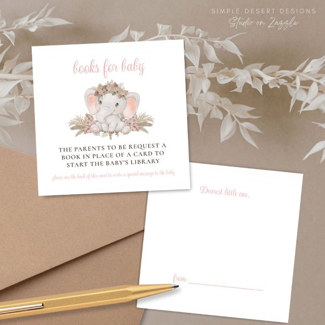 Tarjeta De Recepción Solicitud de libro de Baby Shower Boho Cute Elepha (Pink Baby Shower Books for Baby Card Enclosures with Book Label Gift Tag on Back)