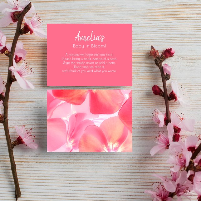 Tarjeta De Recepción Solicitud de libro de Baby Shower con flores rosad (Subido por el creador)
