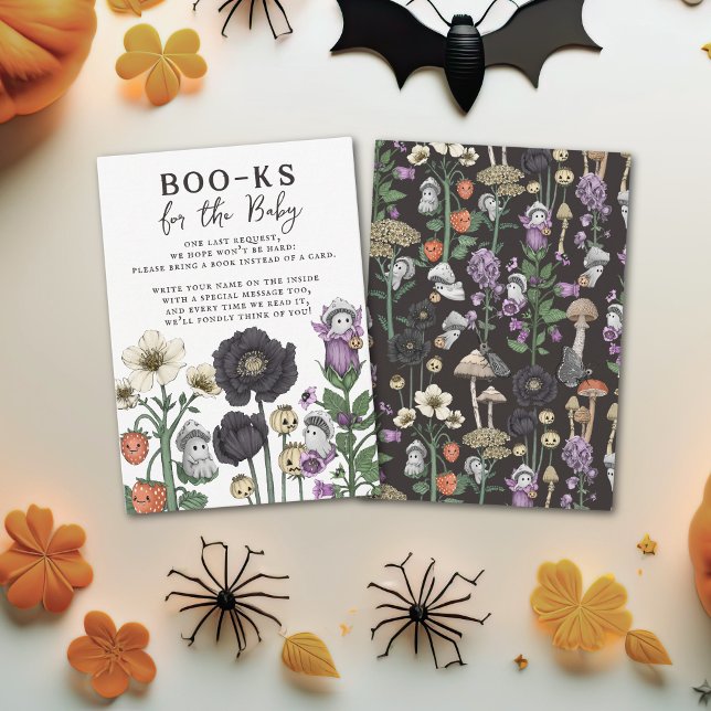 Tarjeta De Recepción Solicitud de libro de Baby Shower de Floral Ghosts (Cute cottagecore Halloween baby shower invitation enclosure cards to request books instead of cards.)