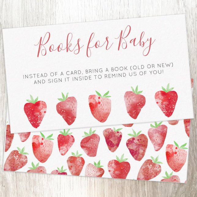Tarjeta De Recepción Solicitud de libro de Baby Shower de fresa (Strawberry watercolor Books for Baby baby shower book request enclosure card)