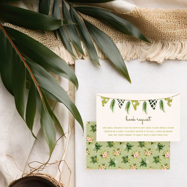 Tarjeta De Recepción Solicitud de libro de Baby Shower de Green Fiesta  (book request card for a tropical baby shower party. Jungle leaves and boho aesthetic)