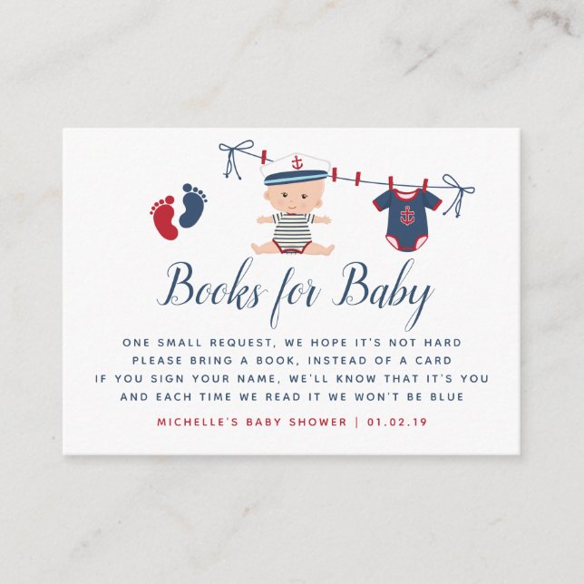 Tarjeta De Recepción Solicitud de libro de Baby Shower de Nautical Boy (Anverso)