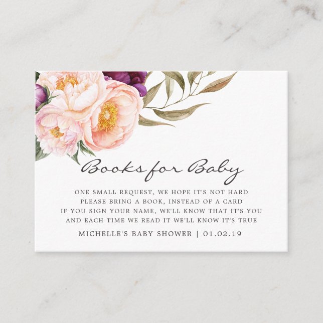 Tarjeta De Recepción Solicitud de libro de Baby Shower de Peach & Burgu (Anverso)