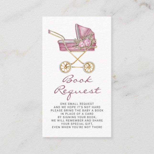 Tarjeta De Recepción Solicitud de libro de Baby Shower de Stroller Rosa (Anverso)