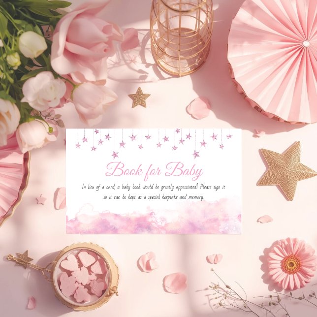 Tarjeta De Recepción Solicitud de libro de Baby Shower Rosa Twinkle Lit (Subido por el creador)