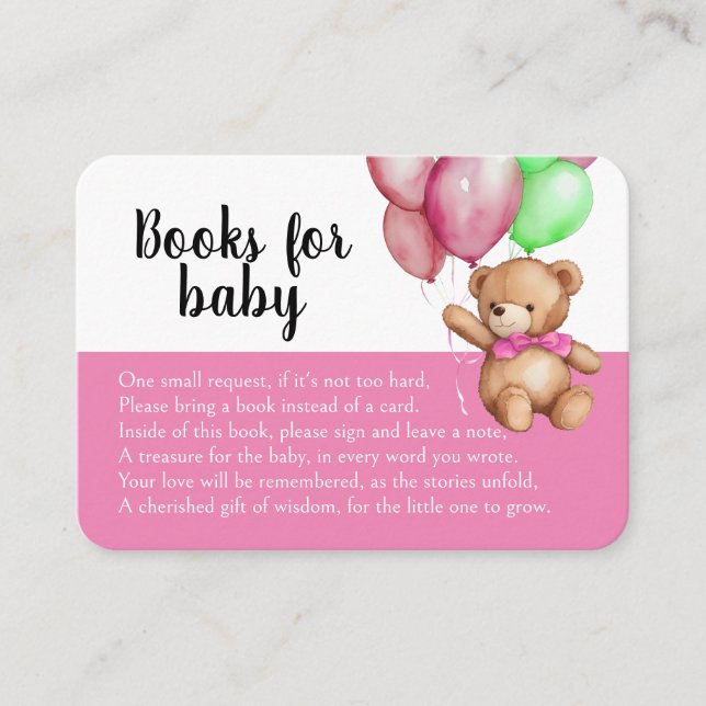 Tarjeta De Recepción Solicitud de libro de Baby Shower rosado de Oso de (Anverso)