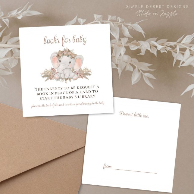 Tarjeta De Recepción Solicitud de libro de Boho Elephant Baby Shower (Boho Baby Shower Book Request Enclosure Cards with Unique Design with Book Label Gift Tag on Back)