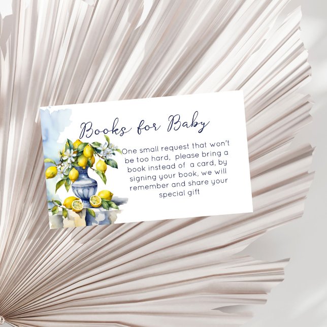 Tarjeta De Recepción Solicitud de libro de jarrones azules de Amalfi (Amalfi Italian summer baby shower blue vase lemons book request Enclosure Card books for baby cards)