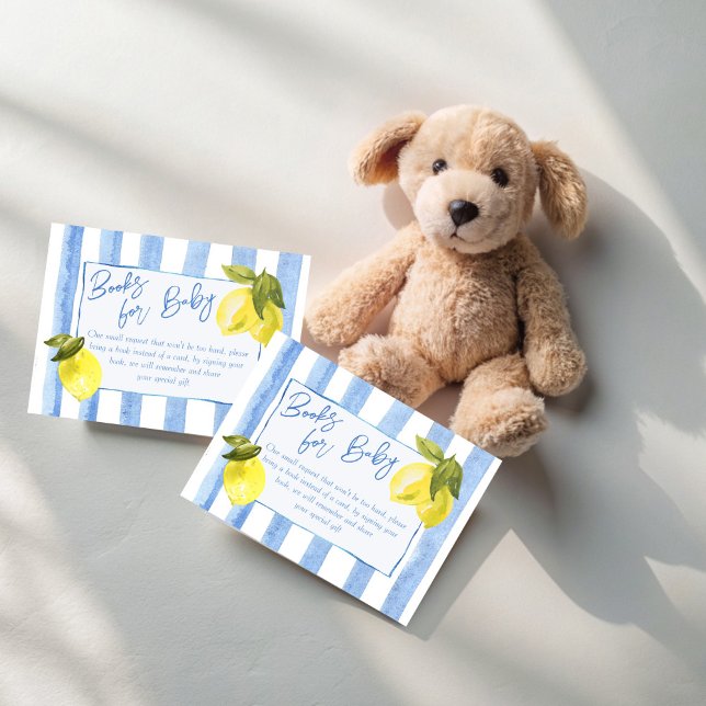 Tarjeta De Recepción Solicitud de libro de tiras azules de Ciao Bambino (Ciao Bambino blue stripes lemons Italian baby shower book request Enclosure Cards books for baby)